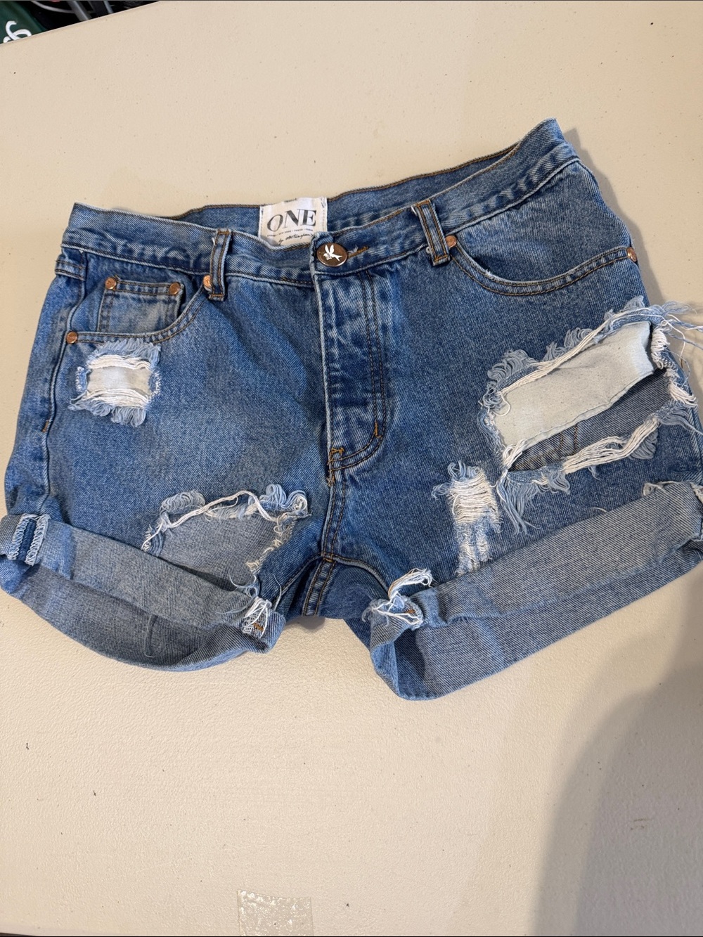 One Teaspoon Blue Distressed Rolled Hem Denim Shorts